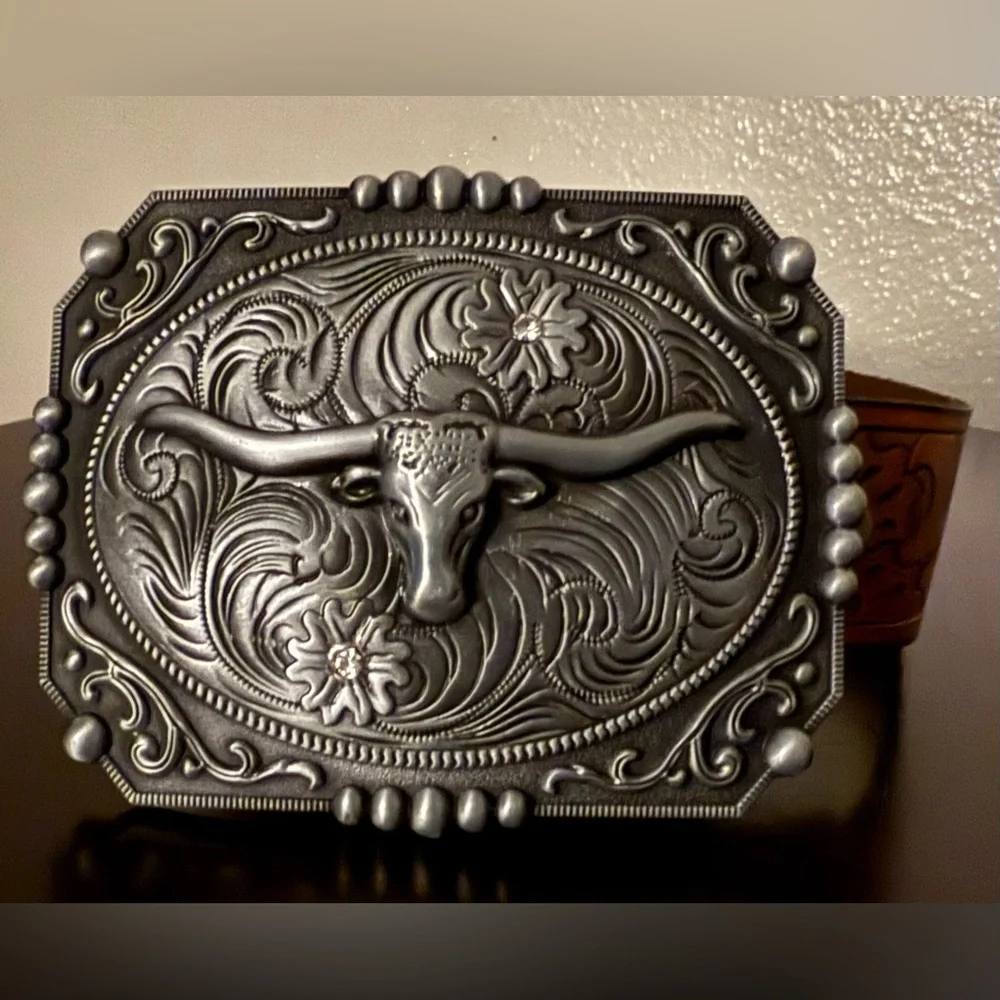 Genuine Hand Tooled Full Grain Leather Western Belt w/ Longhorn Bull Buckle 46